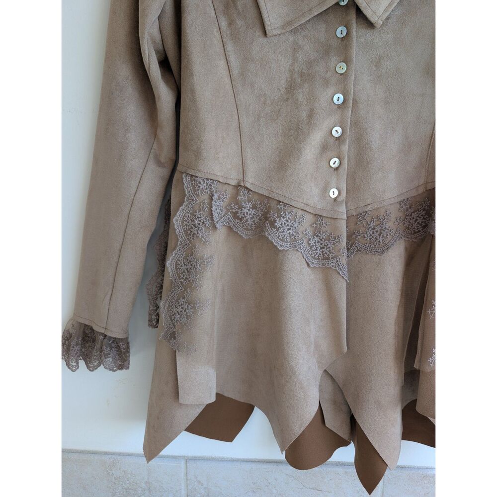 Venus Women M Faux Suede Lace Trim Tunic Jacket Lagenlook Boho Beige Fairycore - Picture 3 of 9